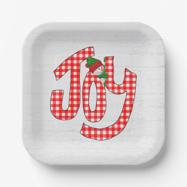 Snowman On Gingham Joy Paper Plates (Front)