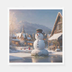 Snowman on ice in a Christmas Village Napkins