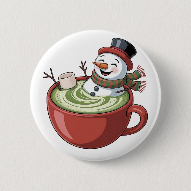 Snowman on Matcha Bathub Funny Christmas  Button (Front)