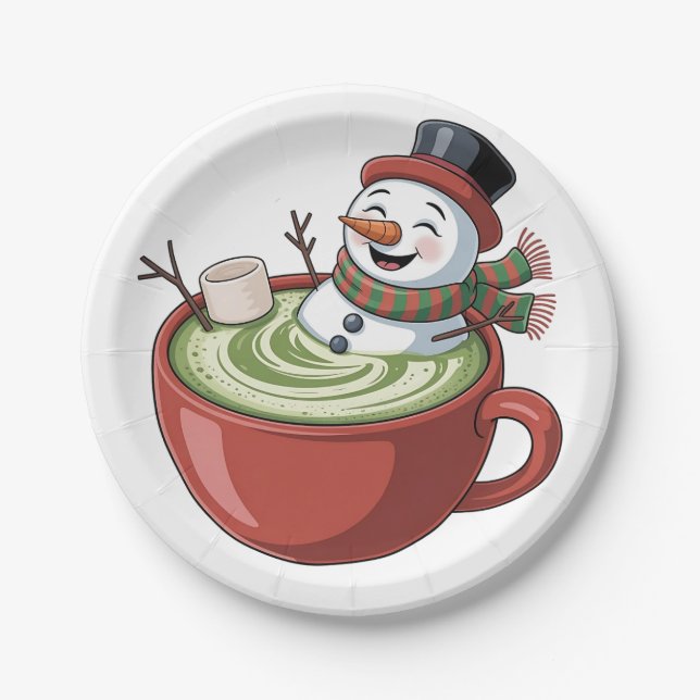 Snowman on Matcha Bathub Funny Christmas  Paper Plates (Front)