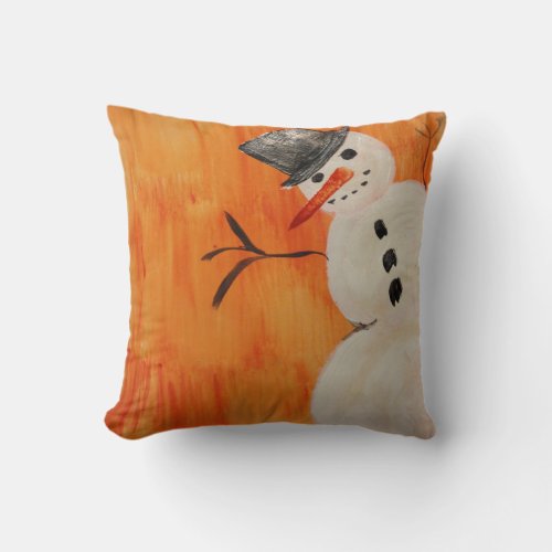 Snowman on Orange Throw Pillow