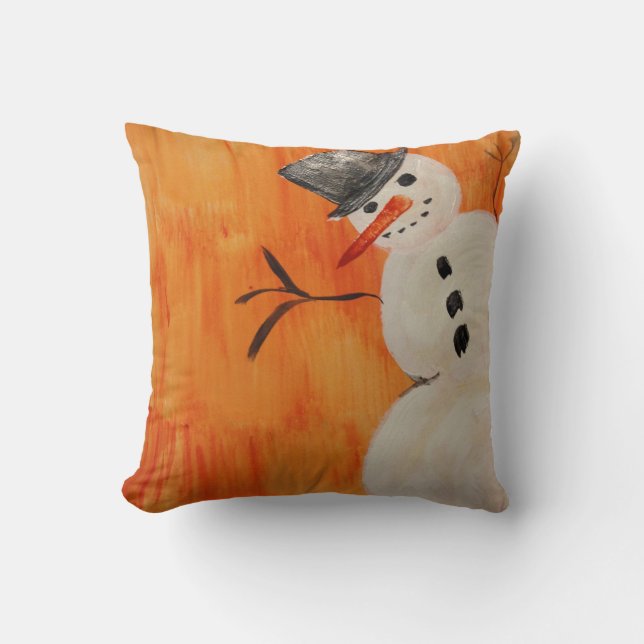 Snowman on Orange Throw Pillow (Front)