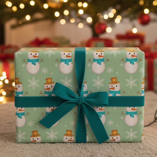 Snowman On Peppermint Green Wrapping Paper (Fun little hand drawn snowmen just waiting to be picked for that special gift you have planned.)