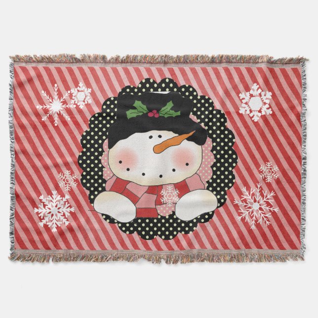 Snowman on Red and Pink Stripe Holiday Throw Throw Blanket (Front)