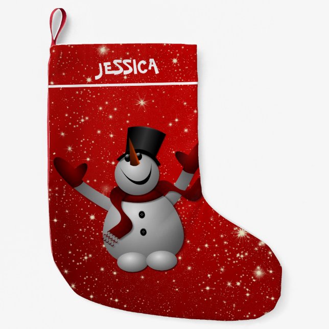 Snowman On Red Background Small Christmas Stocking (Front)