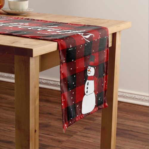 Snowman on Red Black Buffalo Plaid Short Table Runner