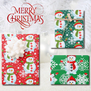 Snowman on Red & Green White Snowflakes Christmas Wrapping Paper Sheets