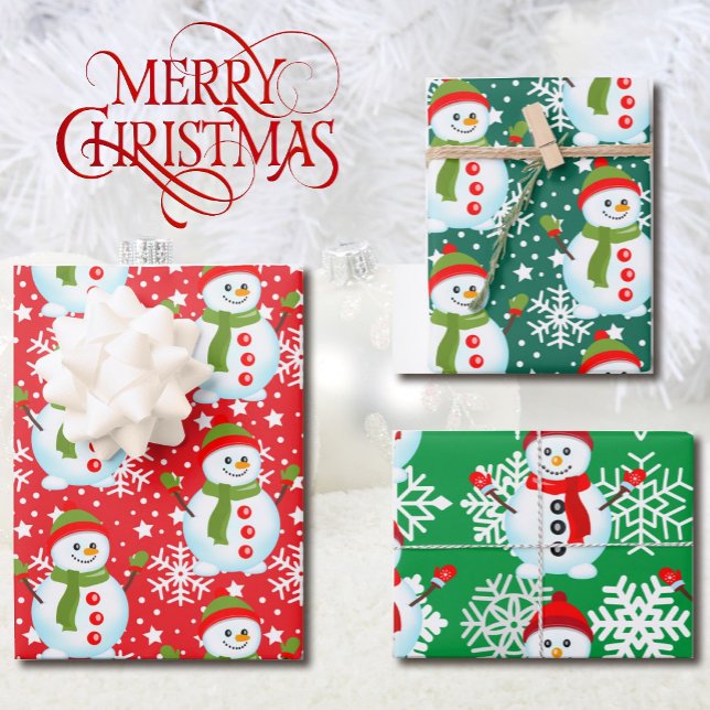 Snowman on Red & Green White Snowflakes Christmas Wrapping Paper Sheets (Creator Uploaded)