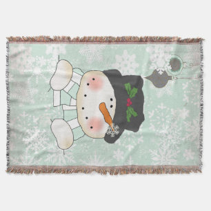 Snowman on Soft Blue Snowflake Holiday Throw Throw Blanket