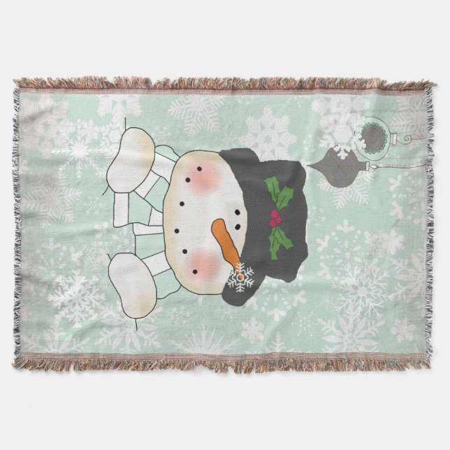 Snowman on Soft Blue Snowflake Holiday Throw Throw Blanket (Front)