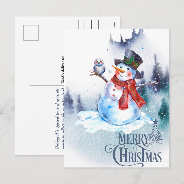 Snowman & Owl Watercolor Winter Scene Christmas Holiday Postcard (Front/Back)