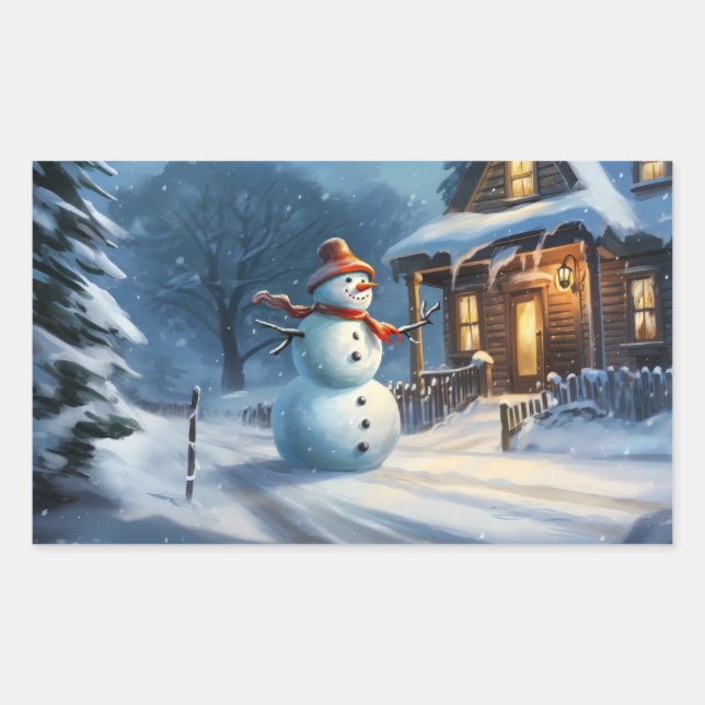 Snowman Painting Rectangular Sticker (Front)