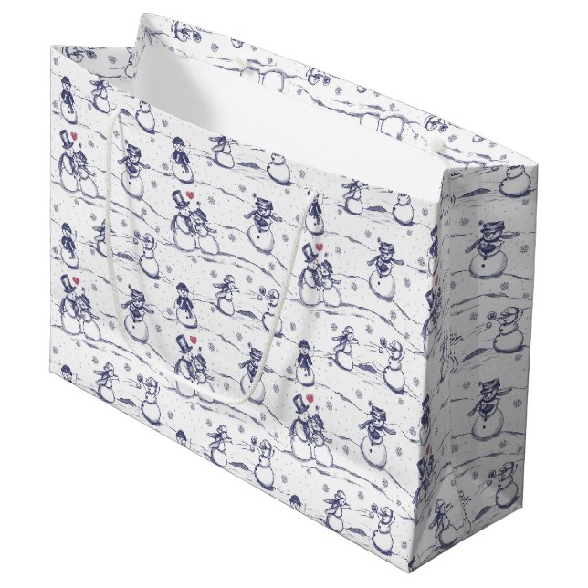 Snowman parade toile - blue large gift bag (Front Angled)