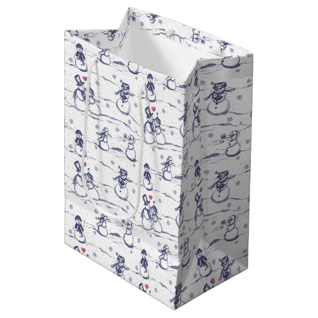 Snowman parade toile - blue medium gift bag (Front Angled)
