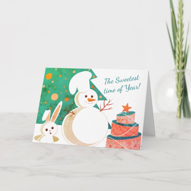 snowman pastry chef bakery Christmas artisan cake Holiday Card (Front)