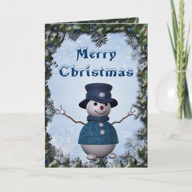 Snowman & Peacock Feather Border Christmas Card (Front)