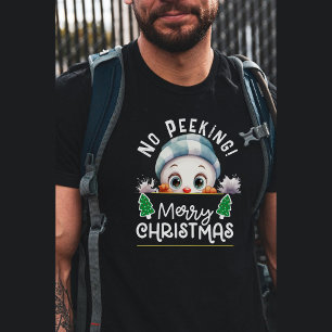 Snowman Peeking Between Christmas Tree T-Shirt