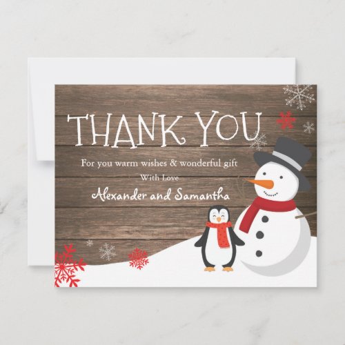 Snowman penguin Winter Rustic Wood Thank you card