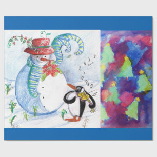 SNOWMAN,PENGUIN'S SERENADE AND COLORFUL XMAS TREES WRAPPING PAPER