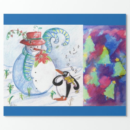 SNOWMANPENGUINS SERENADE AND COLORFUL XMAS TREES WRAPPING PAPER