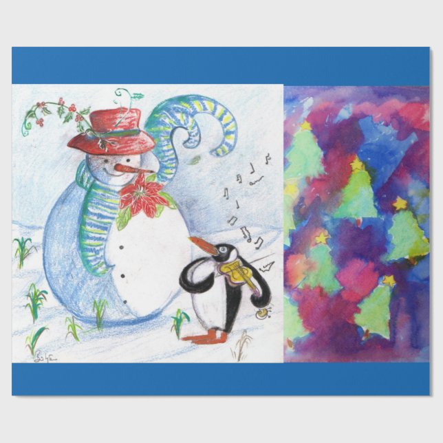 SNOWMAN,PENGUIN'S SERENADE AND COLORFUL XMAS TREES WRAPPING PAPER (Flat)