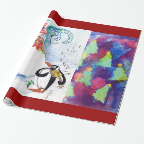 SNOWMANPENGUINS SERENADE AND COLORFUL XMAS TREES WRAPPING PAPER