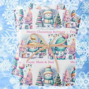 Snowman Personalize Pink Name Girl's Christmas 3 Wrapping Paper Sheets