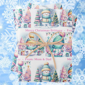 Snowman Personalize Pink Name Girl's Christmas 3 Wrapping Paper Sheets