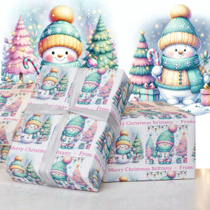 Snowman Personalize Pink Name Girl's Christmas Wrapping Paper
