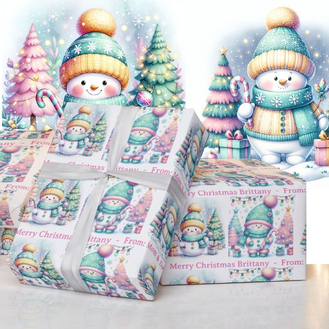 Snowman Personalize Pink Name Girl's Christmas Wrapping Paper (Creator Uploaded)