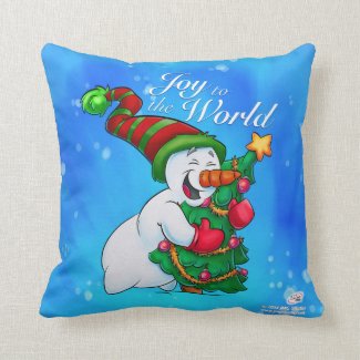 Snowman pillow hugging a Christmas tree