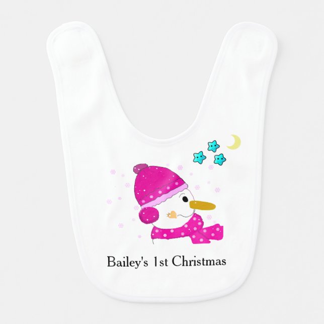 Snowman Pink Baby's First Christmas Baby Bib (Front)