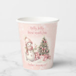 Snowman Pink Christmas 1st Birthday Paper Cups<br><div class="desc">Cute Christmas Birthday Paper Cups with an adorable snowman and Christmas tree in blush pink with vintage vibes. Easily personalize the text. You can use it not just for 1st Birthday. :) - Kate Eden Art</div>