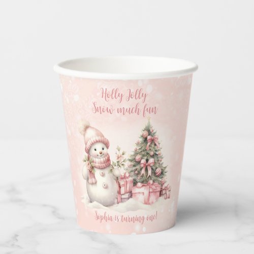 Snowman Pink Christmas 1st Birthday Paper Cups