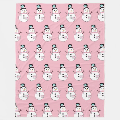 Snowman Pink Christmas Large Fleece Blanket