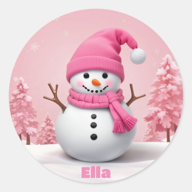 Snowman Pink Cute Personalized Christmas Holiday  Classic Round Sticker (Front)