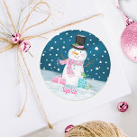 Snowman Pink Cute Personalized Christmas Holiday Classic Round Sticker<br><div class="desc">Cute navy blue,  pink and white snowman sticker. A fun finishing touch to your Christmas cards.</div>