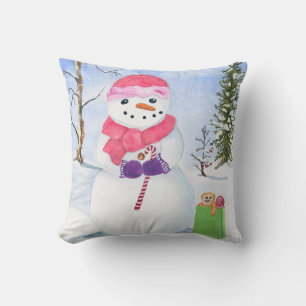 Snowman pink scarf candy-cane winter landscape  throw pillow