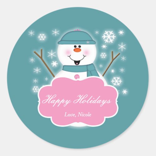 Snowman Pink  Teal Christmas Holiday Sticker