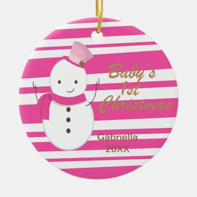 Snowman Pink Zebra Baby's 1st Christmas Ornament (Front)