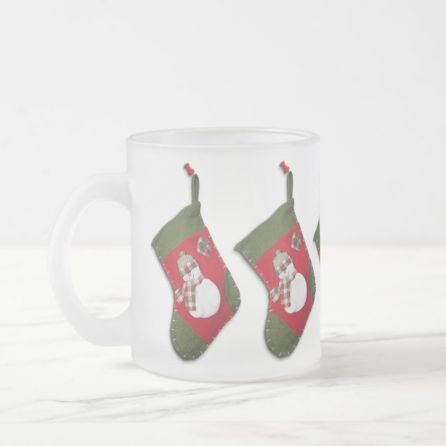 Snowman Plaid Scarf Christmas Stocking Frosted Glass Coffee Mug (Left)