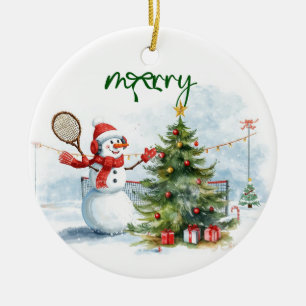 Snowman play tennis Christmas watercolor Ceramic Ornament