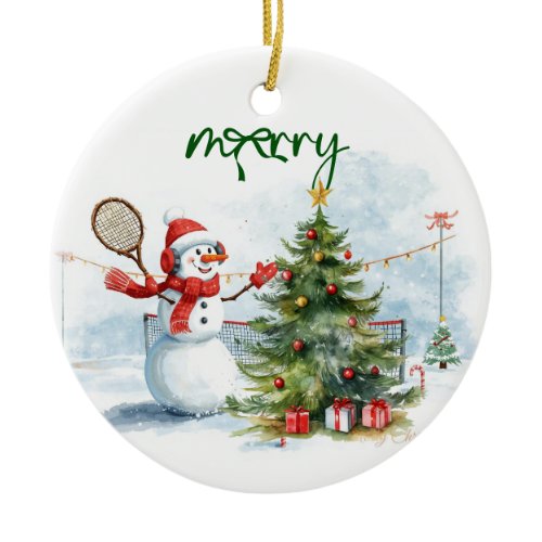 Snowman play tennis Christmas watercolor      Ceramic Ornament