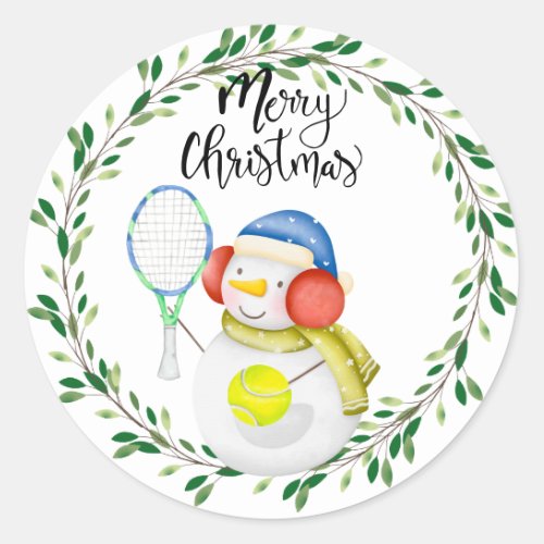 Snowman play tennis Christmas watercolor     Class Classic Round Sticker