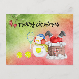 Snowman play tennis Christmas watercolor Holi Holiday Postcard