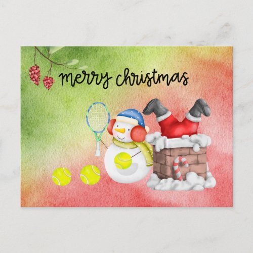Snowman play tennis Christmas watercolor      Holi Holiday Postcard