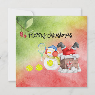 Snowman play tennis Christmas watercolor Holiday Card