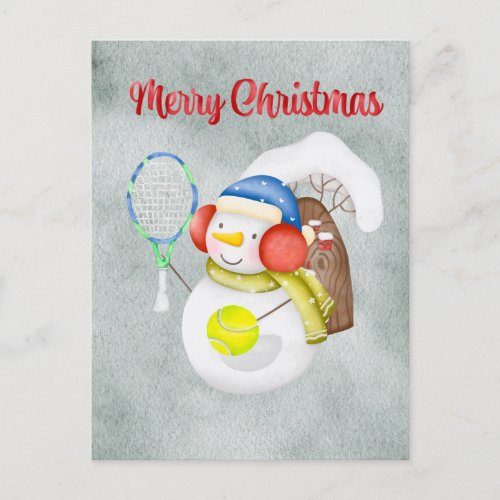 Snowman play tennis Christmas watercolor     Holiday Postcard