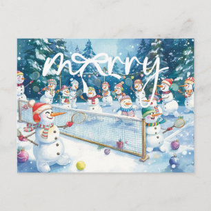 Snowman play tennis Christmas watercolor Holiday Postcard