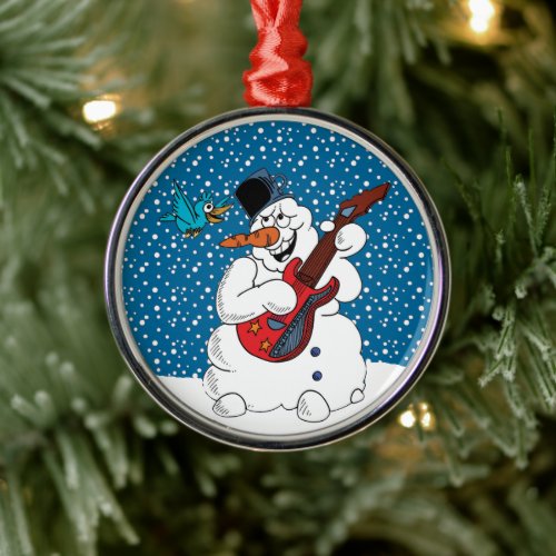 Snowman Playing A Guitar And A Bluebird Metal Ornament